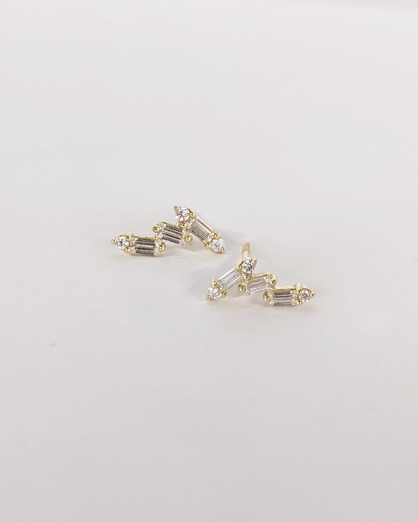 Baguette Round Cut Diamond Stud Earrings, Art Deco Ring, Natural Diamond Wedding Earrings, Push Back Earrings, Anniversary Gift, Gold Studs