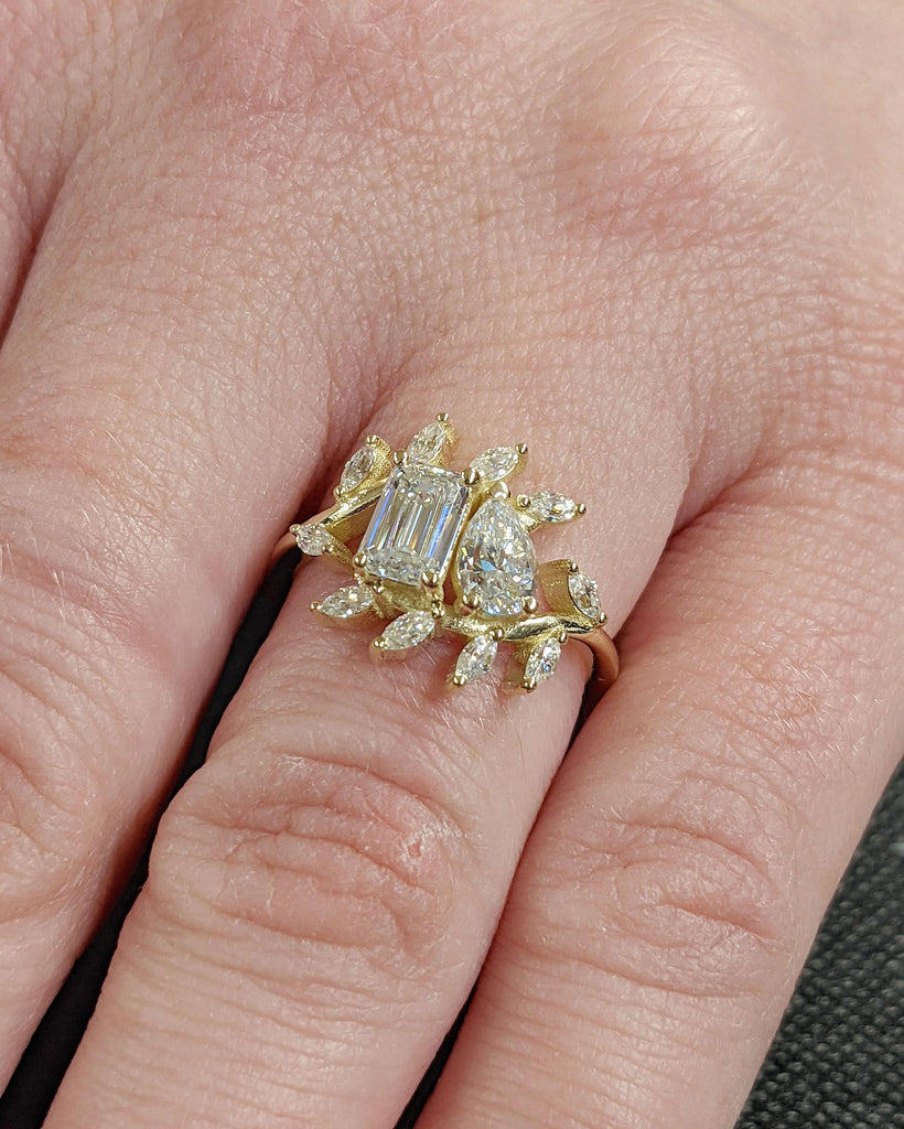 2 Two Stone Moissanite Wedding Anniversary Proposal Ring | fancy Pear, Emerald cut Diamond Commitment Ring | Unique 14K 18K Yellow Gold Women Bridal Band