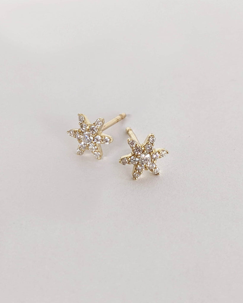 Everyday Wear Diamond Stud Women Earrings | 14K 18K Yellow Gold Star Flowers Diamond Clusters Screw Back Earrings | Birthday Gift for Her