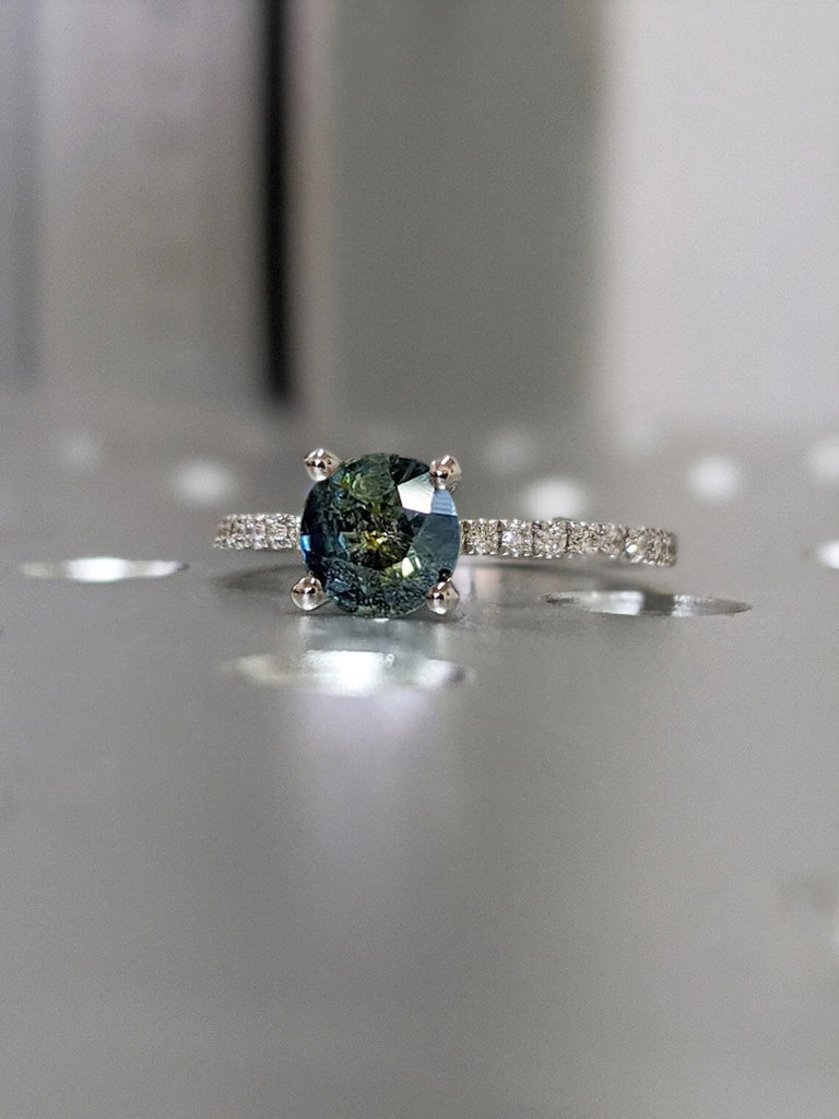 One of a Kind Montana Sapphire Ring, Blue Sapphire Diamond Cluster Ring, Vintage Inspired Blue Sapphire Engagement Ring, 14K Gold Green Teal