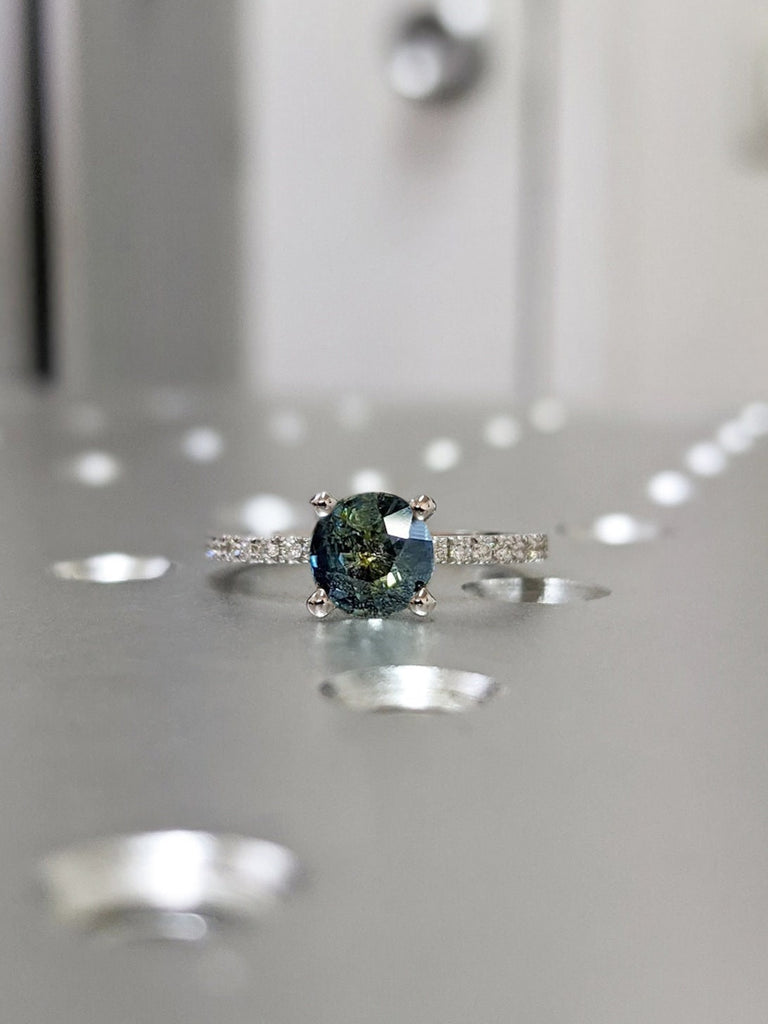 One of a Kind Montana Sapphire Ring, Blue Sapphire Diamond Cluster Ring, Vintage Inspired Blue Sapphire Engagement Ring, 14K Gold Green Teal