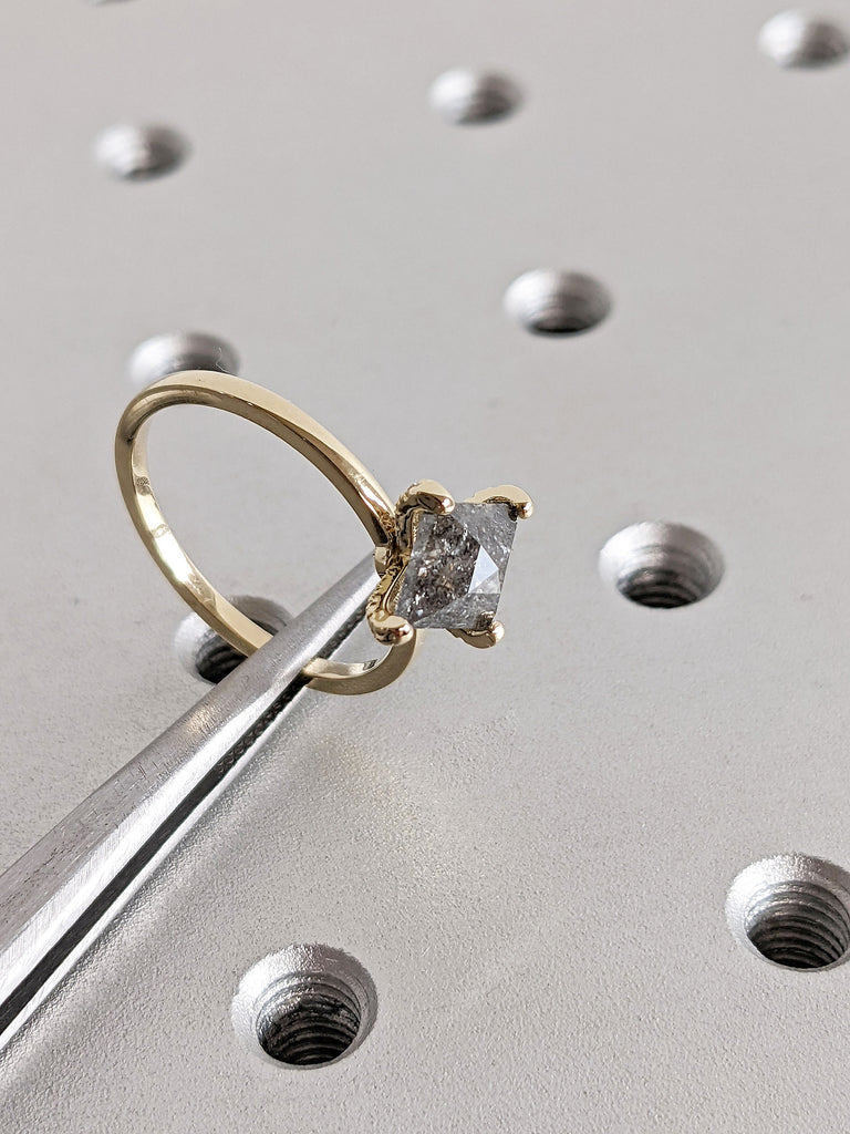 Natural Salt and Pepper Grey Diamond Kite cut Solitaire Women Engagement Ring | Yellow Gold Hidden Halo Thin Wedding Band | Cocktail Ring