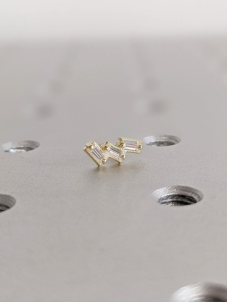 Minimalist Tiny Cluster Baguette Cut Diamond Earrings / Yellow Gold Screw Back Studs Women Earrings / Mini Trio Stones Earrings For Everyday