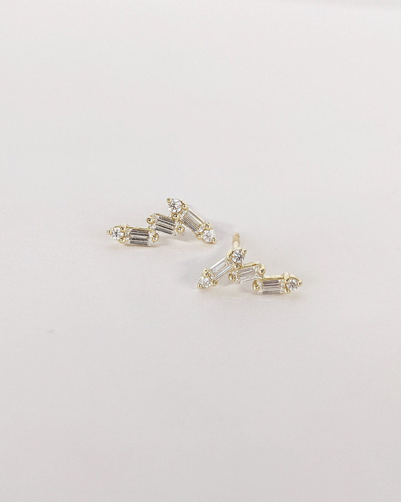 Baguette, Round cut Multi Stone Diamond Studs Earrings Yellow Gold Jewelry for Her