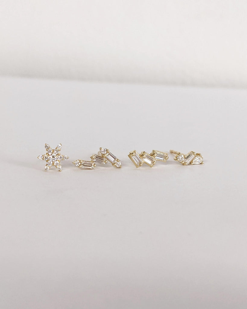 Single (Half Pair) Earring Collection 14K 18k Gold or Platinum Genuine Diamond Cluster Earring Studs Minimalist Piercings Dainty Art Deco