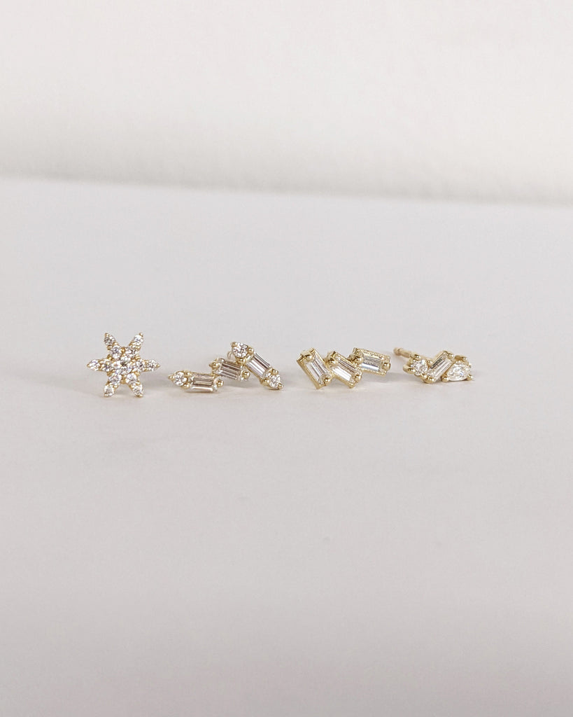 Single (Half Pair) Earring Collection 14K 18k Gold or Platinum Clear Moissanite Cluster Earring Studs Minimalist Piercings Dainty Art Deco