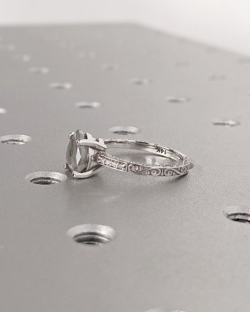Salt and Pepper Diamond Engagement Ring Vintage Wedding Ring Engraved Ring Unique Rose Gold Filigree Ring Art Deco Wedding Anniversary Ring