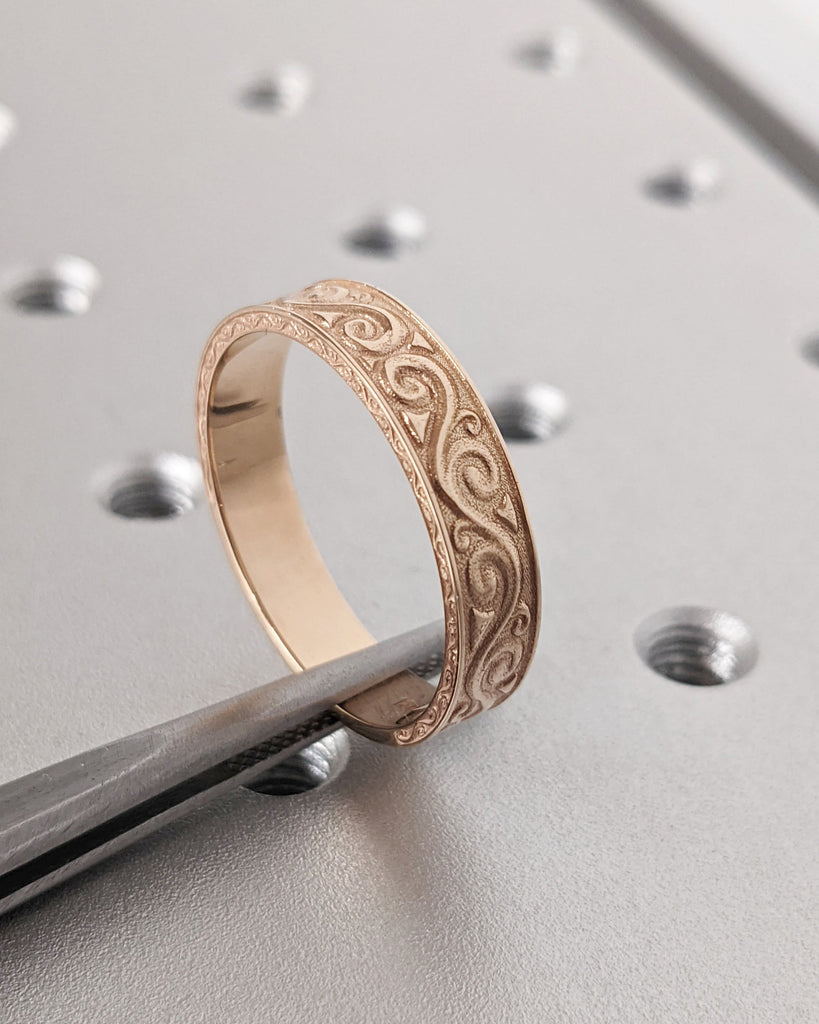 Gold Unique Engraved Wedding Ring, Art Deco Scroll Style Wedding Band, Hand Carved Men's Gold Ring New Vintage 5mm Flat Wedding Ring for Him