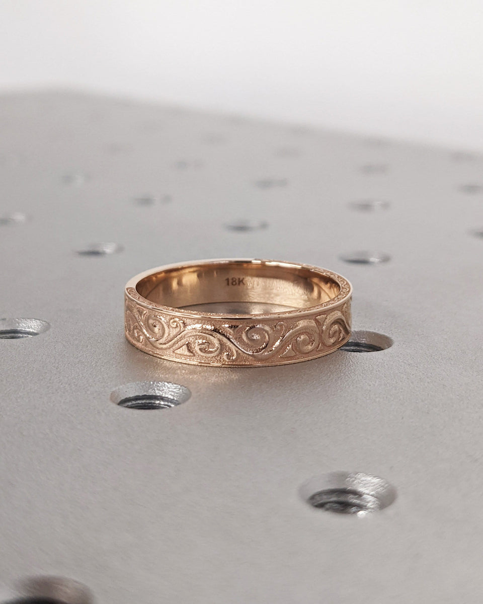 Gold Unique Engraved Wedding Ring, Art Deco Scroll Style Wedding Band ...