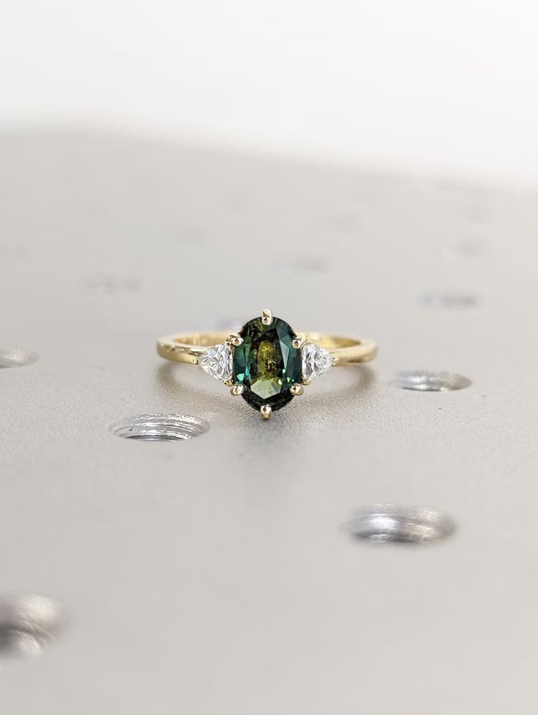 Oval cut Montana Sapphire Women Engagement Ring | 14K Yellow Gold Triangle Diamond Promise Ring | Unique Blue Green Birthstone Ring for Her