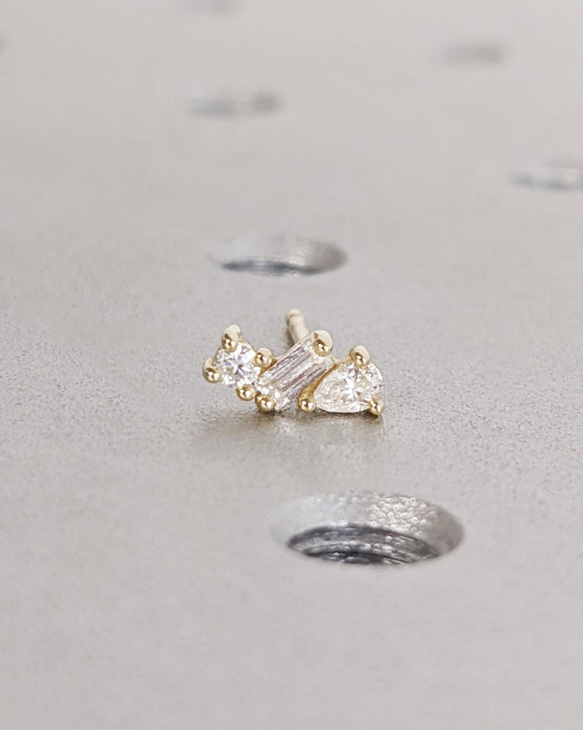 Tiny Cluster Diamond Stud Earrings, 14K Gold, Three Stone Diamond Earrings, Multi Shape Small Pear Baguette Round Diamonds, Anniversary Gift