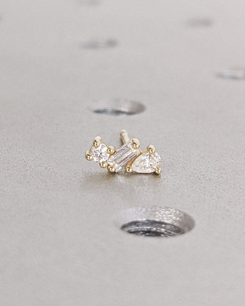 Solid Gold Minimalist Set: Diamond Earring Studs, Multi Shape Natural Diamonds, Dainty Everyday Ear Stack, Ready to Gift Set, Cluster Studs
