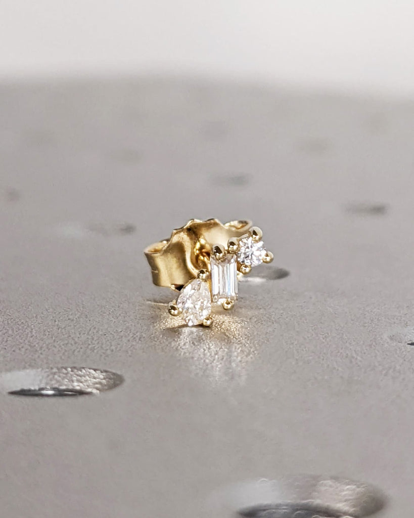 Lab Diamond Cluster Stud Earrings - Single (Half Pair) or Set - Pear Baguette Round Lab Diamonds - 14K 18K Gold Platinum - Unique Gift Idea