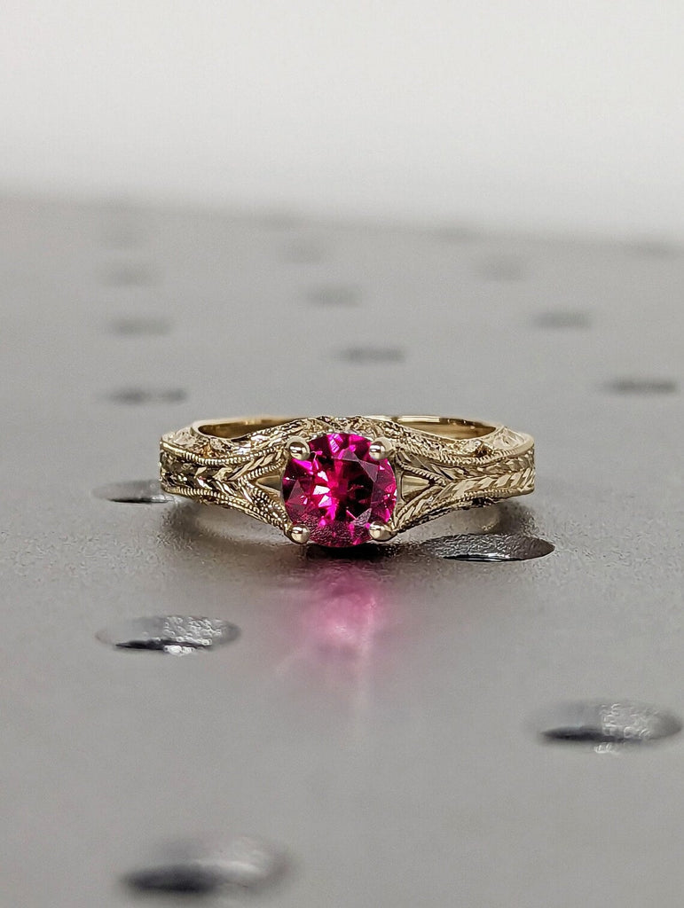 Round cut Lab Grown Ruby Solitaire Filigree Wedding Anniversary Ring for Her