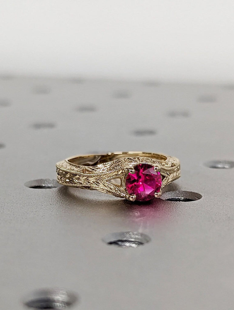 Vintage Inspired Lab Ruby Solitaire Engagement Cocktail Ring for Her | Filigree Milgrain Engraved Yellow Gold Band | July Birthstone Ring