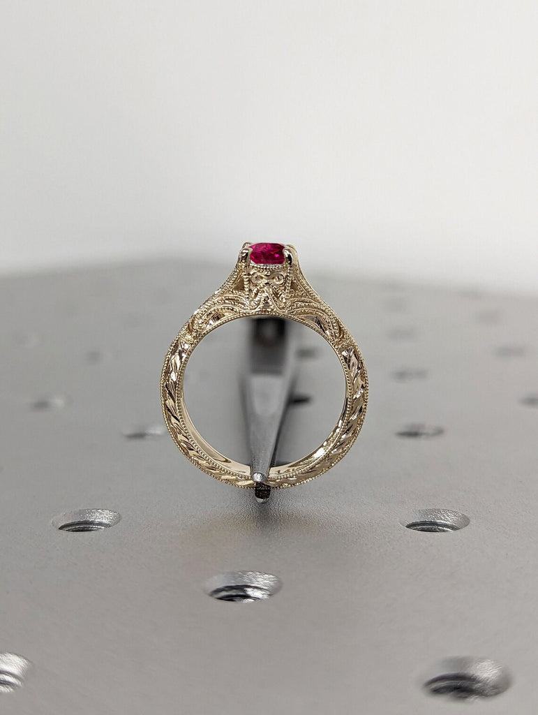 Filigree and Milgrain Engraved Square Wedding Band Round cut Red Ruby Ring
