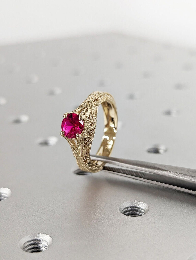 Art Deco Filigree Engraved Ruby Proposal Ring for Her 14K 18K Yellow Gold Bridal Jewelry