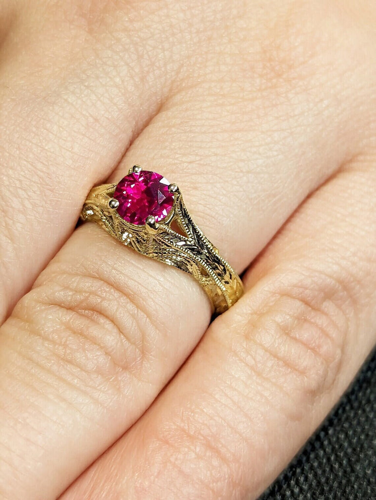 Vintage Ruby Women Engagement Proposal Yellow Gold Ring Filigree Milgrain Band