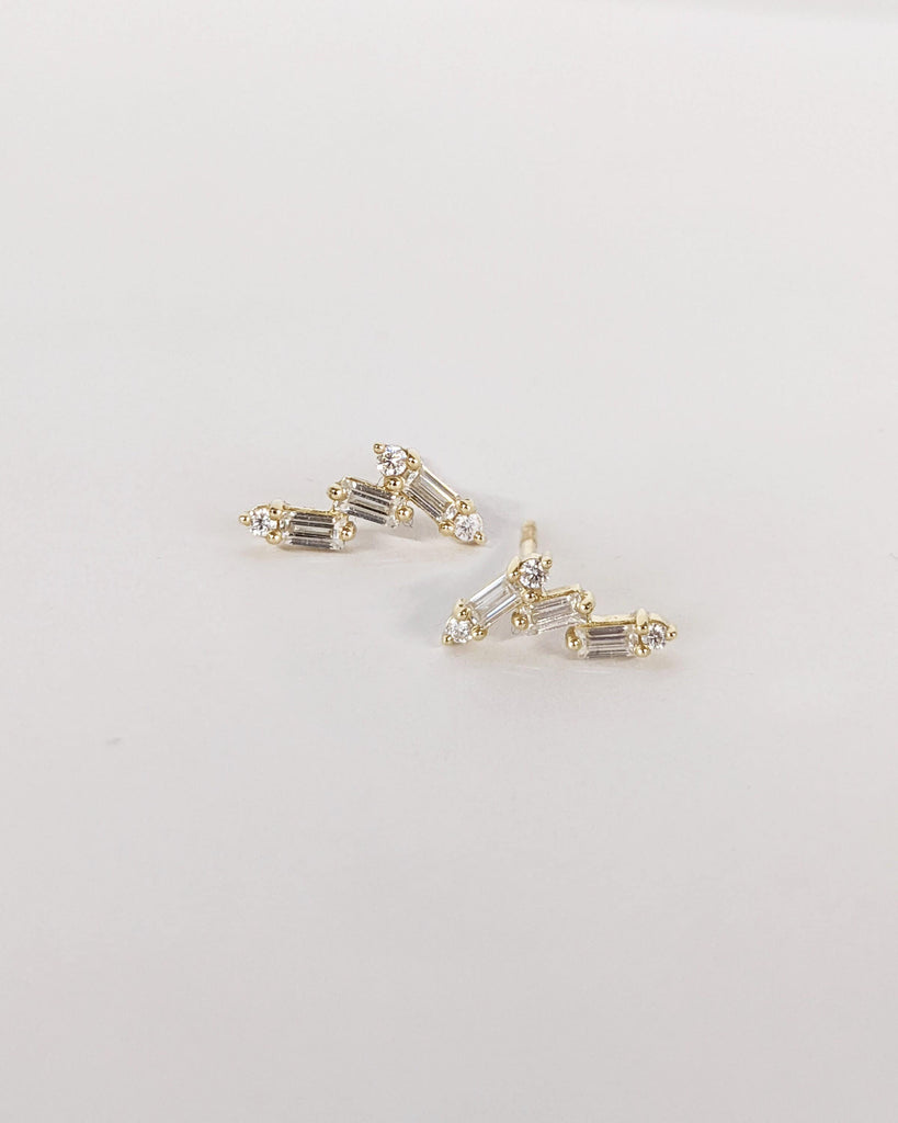 Small Baguette & Round Diamond Cluster Earrings, 14K 18K Solid Gold Screw Back Studs, Dainty Diamond Cluster Studs, Single or Pair Earrings