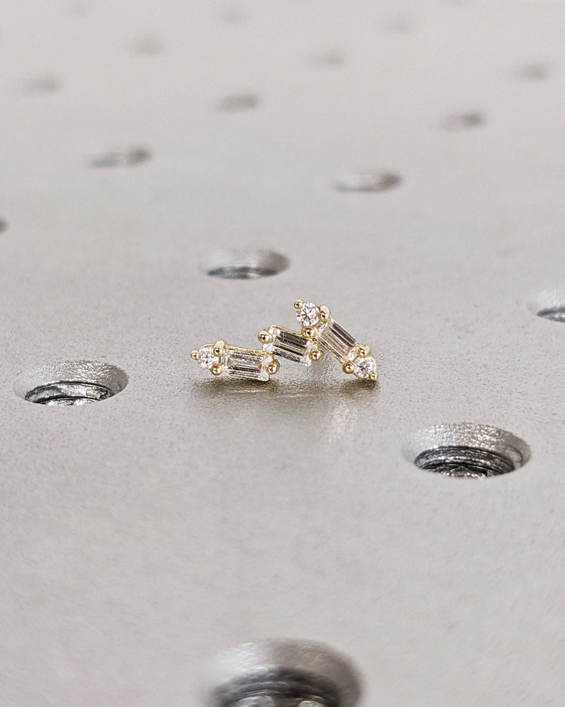 Delicate Baguette and Round Moissanite Earrings / 14K Solid Gold Studs / Moissanite Small Cluster Earrings / Bridal Wedding Anniversary Gift