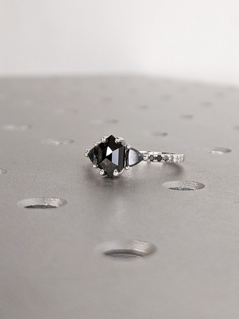 Hexagon Rose cut Salt and Pepper Diamond Trillion Triangle Half Eternity Wedding Ring For Her