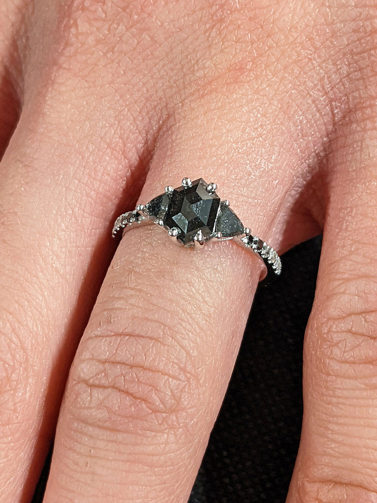 0.75ct Hexagon cut Salt and Pepper Diamond Cocktail Ring 14K 18K White Gold band for Her