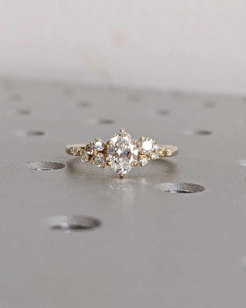 Oval Cut Moissanite Ring Vintage Moissanite Engagement Ring Solid Gold Unique Snowdrift 6 Prongs Engagement Ring Diamond Clusters Art Deco