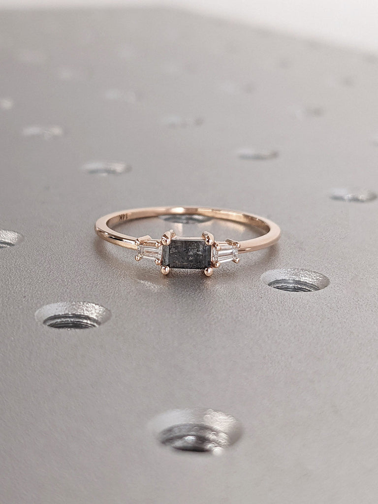 Emerald Baguette cut Salt and Pepper Diamond Dainty Engagement Ring 14K Rose Gold Band for Her