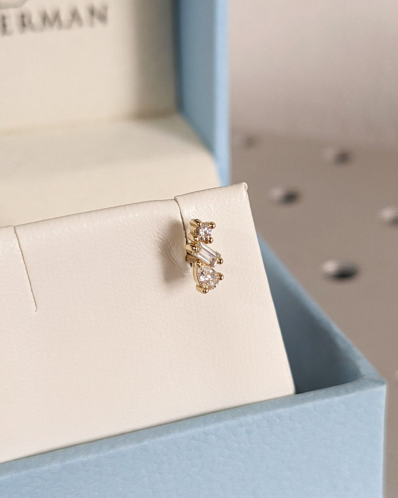 Solid Gold Minimalist Set: Diamond Earring Studs, Multi Shape Natural Diamonds, Dainty Everyday Ear Stack, Ready to Gift Set, Cluster Studs