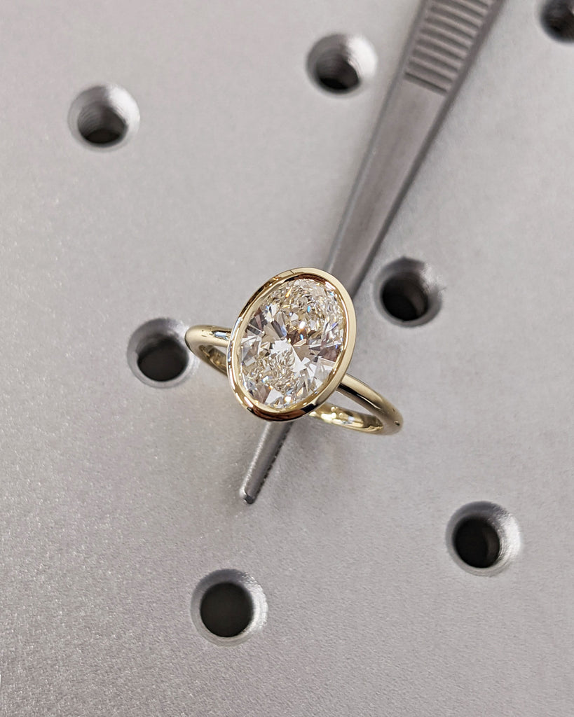 Oval Cut Moissanite Solitaire Ring, 14K Yellow Gold Engagement Ring, Bezel Setting, Statement Ring, Gift For Her, Vintage Bridal Set, Simple