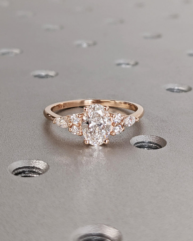 Lab Diamond Oval Engagement Ring, Oval Lab Diamond and Multi-Stone Wedding Ring, Rose Gold Lab Diamond Ring, Cluster Ring, Anniversary Gift