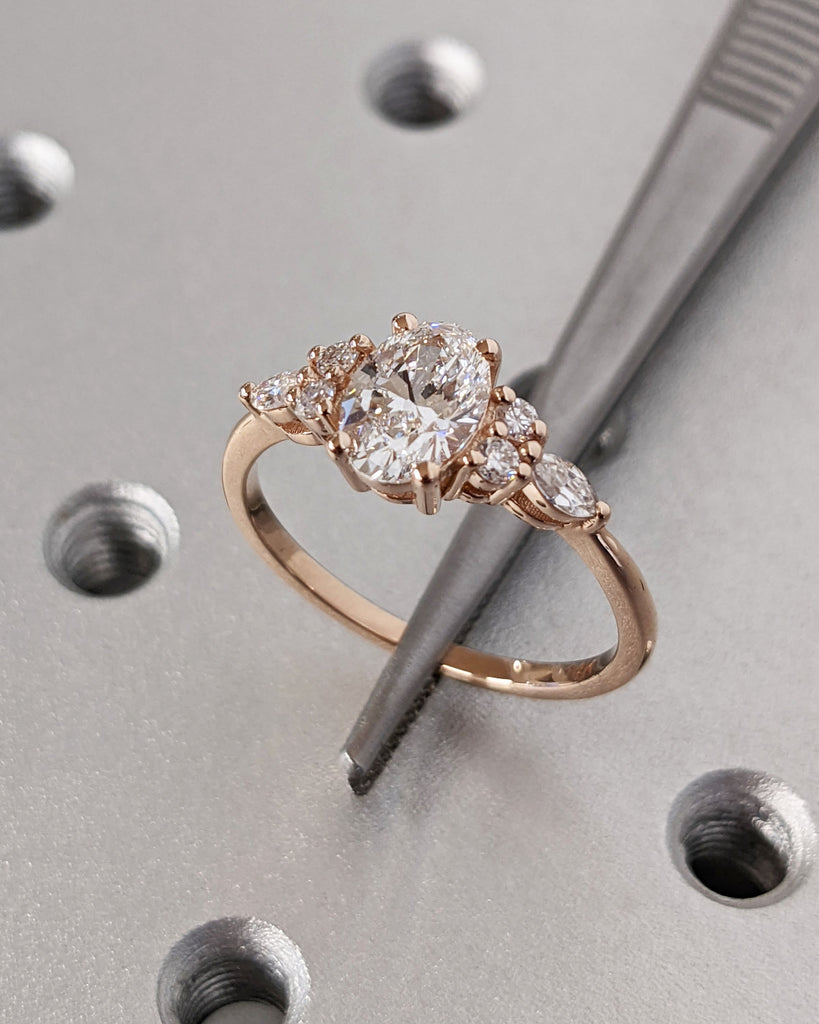 Oval Moissanite Multi-Stone Engagement Ring, Oval Moissanite Ring, Unique Ring, cluster ring, 14K Solid Gold Ring, Anniversary Gift for Her