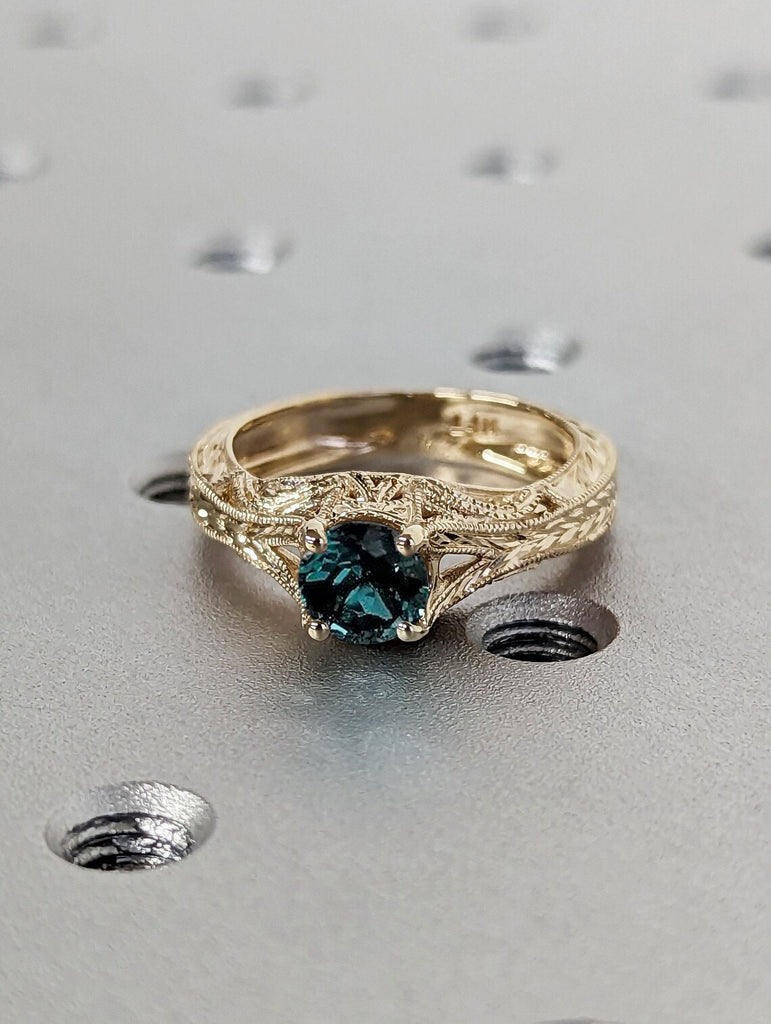 Vintage Inspired Round cut Lab Emerald Solitaire Women Wedding Anniversary Ring | 14K 18K Yellow Gold Milgrain Filigree Engraving Jewelry