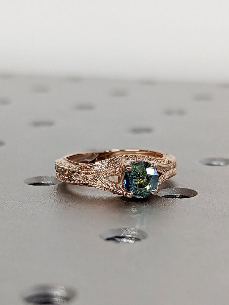 Round cut Natural Peacock Sapphire Solitaire Vintage Proposal Ring for Her | Rose Gold Art Deco Square Shape Band | Unique Anniversary Gift