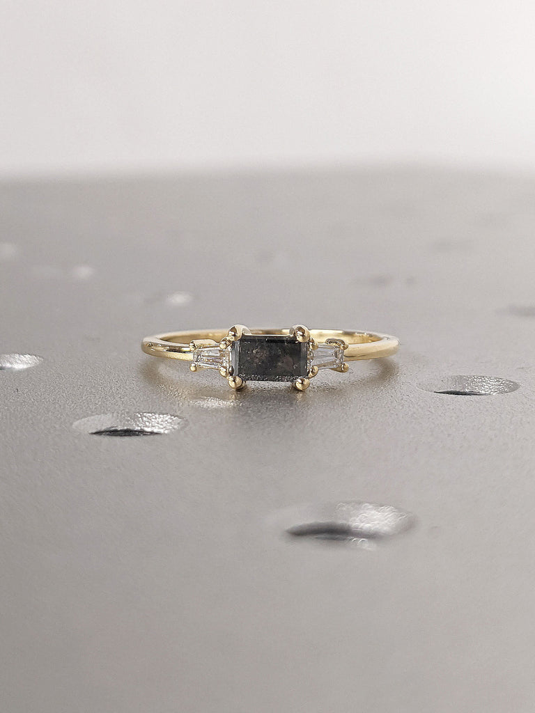 Baguette cut Salt and Pepper Diamond Dainty Engagement Ring 18K Yellow Gold Band