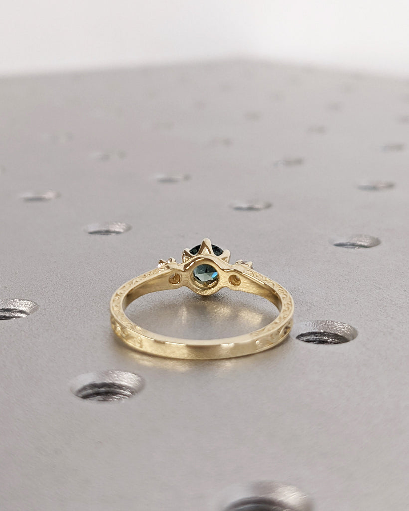 One of a Kind Montana Sapphire Ring, Blue Sapphire Diamond Trellis Ring, Vintage Inspired Blue Sapphire Engagement Ring, 14K Gold Green Teal