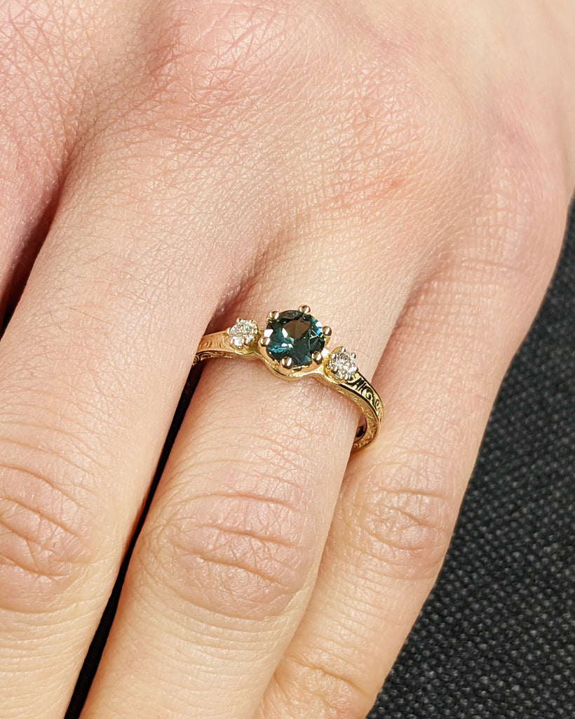 One of a Kind Montana Sapphire Ring, Blue Sapphire Diamond Trellis Ring, Vintage Inspired Blue Sapphire Engagement Ring, 14K Gold Green Teal