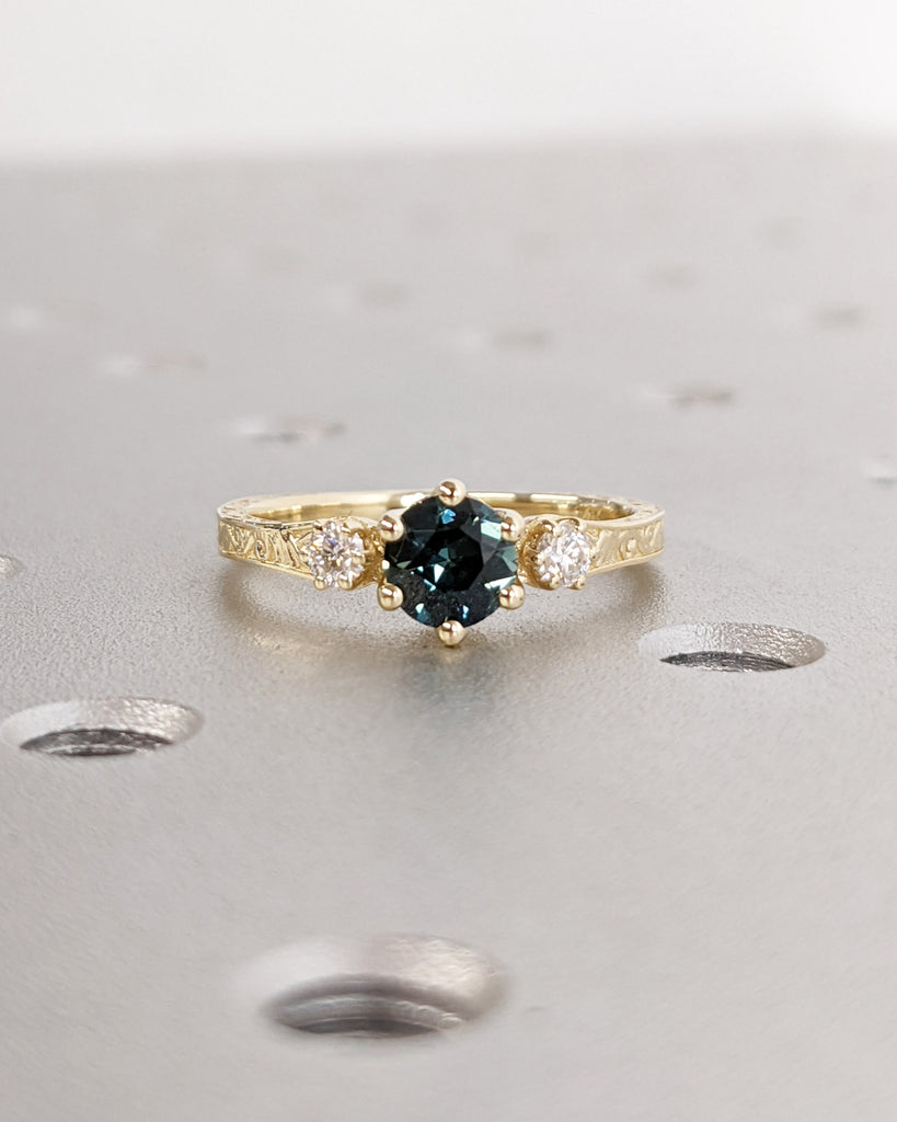 One of a Kind Montana Sapphire Ring, Blue Sapphire Diamond Trellis Ring, Vintage Inspired Blue Sapphire Engagement Ring, 14K Gold Green Teal