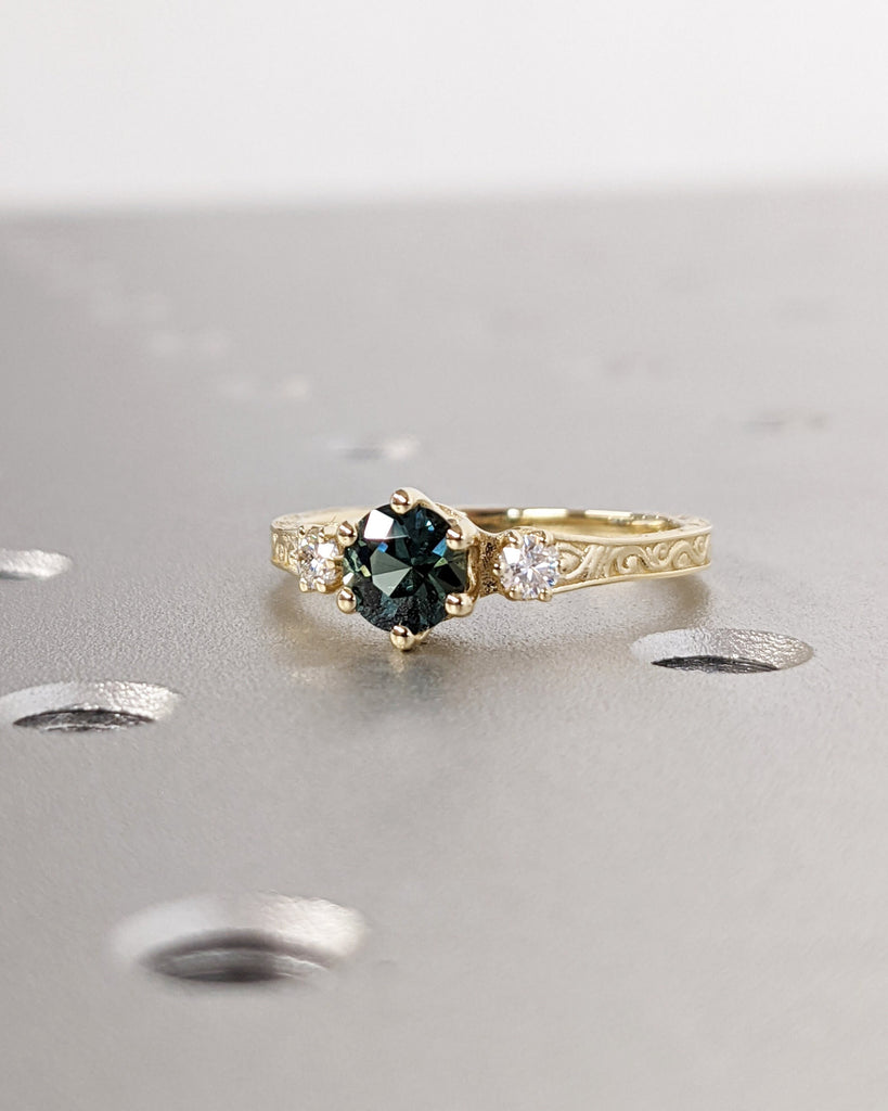 One of a Kind Montana Sapphire Ring, Blue Sapphire Diamond Trellis Ring, Vintage Inspired Blue Sapphire Engagement Ring, 14K Gold Green Teal