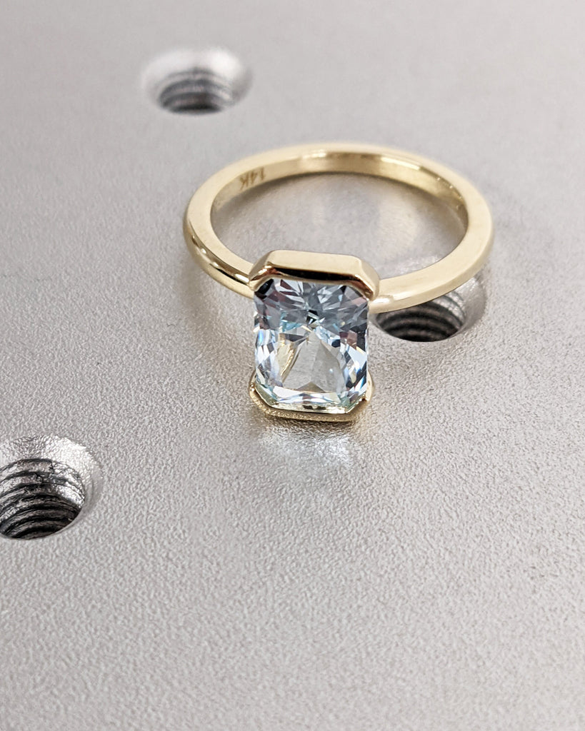 Unique Aquamarine Ring, Elegant Floating Bezel Engagement Ring, Blue Promise Ring, 14k Radiant Cut Aquamarine Ring, Anniversary Gift For Her