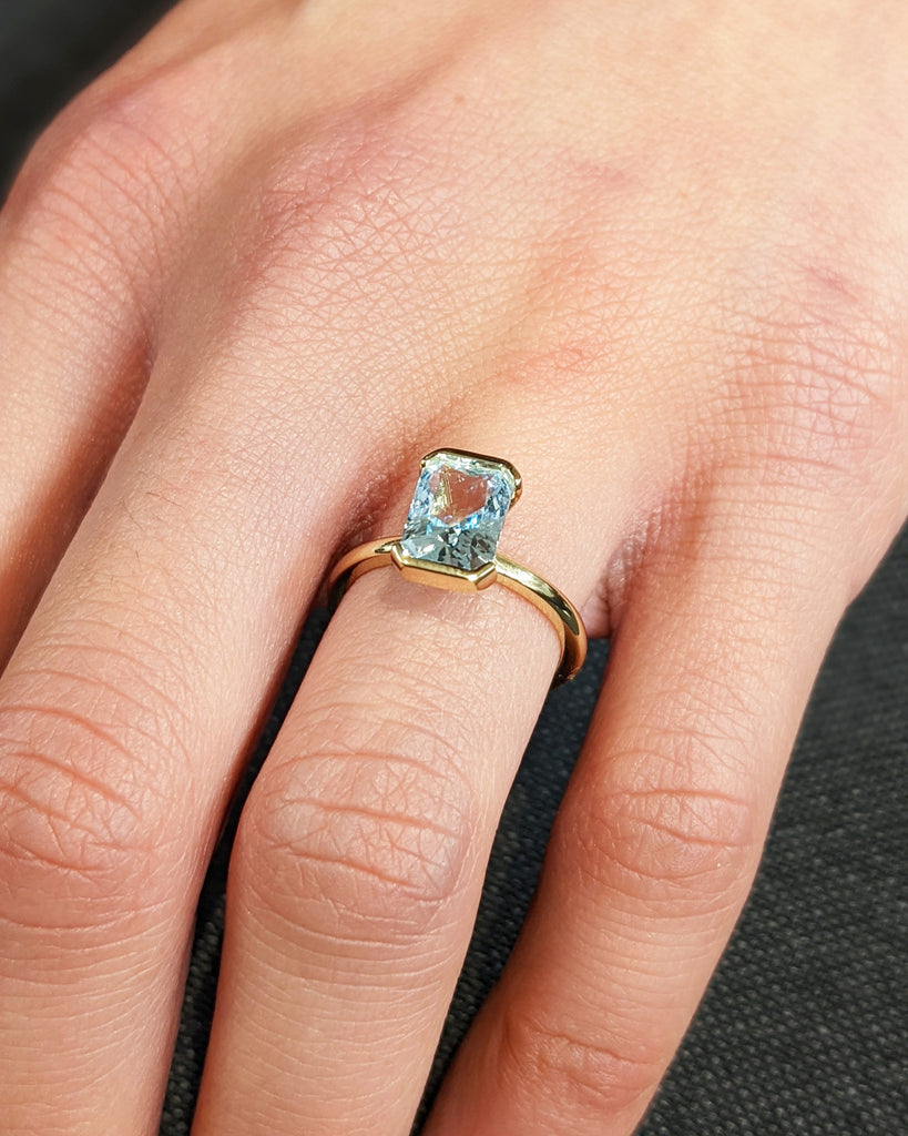 Unique Aquamarine Ring, Elegant Floating Bezel Engagement Ring, Blue Promise Ring, 14k Radiant Cut Aquamarine Ring, Anniversary Gift For Her