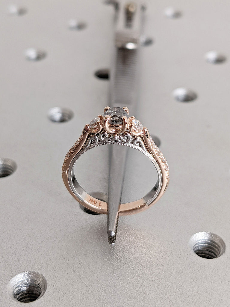 Two 2 Tone Rose White Gold Trellis Salt and Pepper Diamond Women Engagement Cocktail Ring