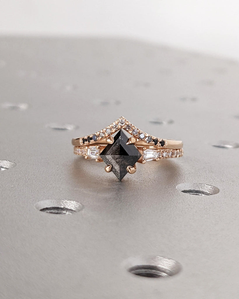 Galaxy Raw Salt and Pepper Diamond Ring- Kite Cut Diamond Engagement Ring Sets- Unique Bridal Geometric Diamond Promise Ring 14K Rose Gold
