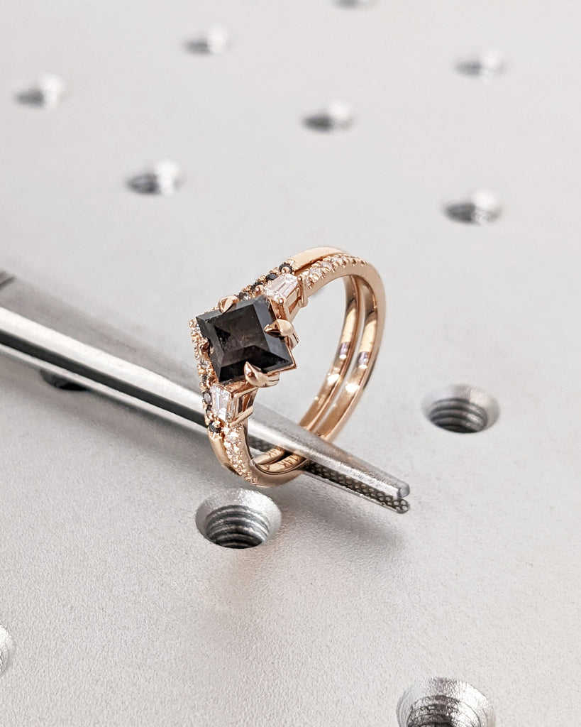 Galaxy Raw Salt and Pepper Diamond Ring- Kite Cut Diamond Engagement Ring Sets- Unique Bridal Geometric Diamond Promise Ring 14K Rose Gold