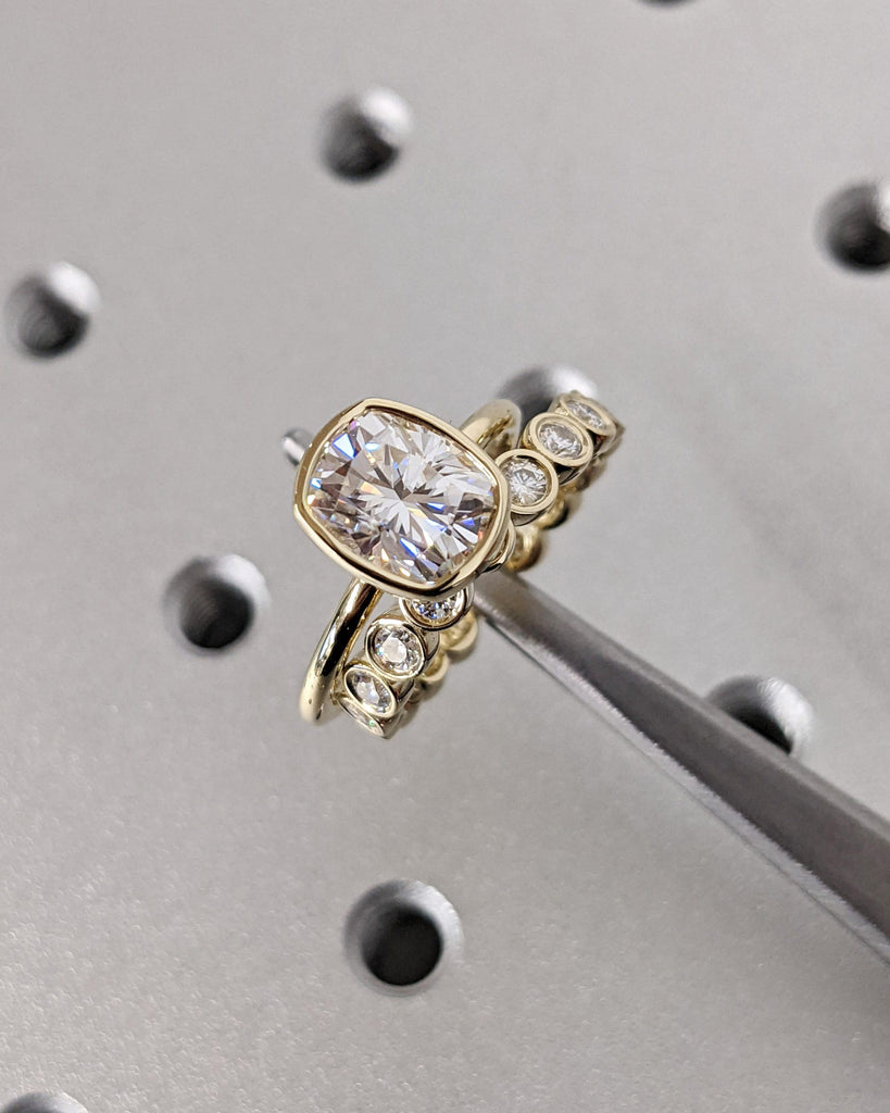 Elongated Cushion Cut Moissanite Solitaire Ring, 14K Yellow Gold Engagement Ring, Bezel Setting, Statement Ring, Gift for Her, Bridal Set