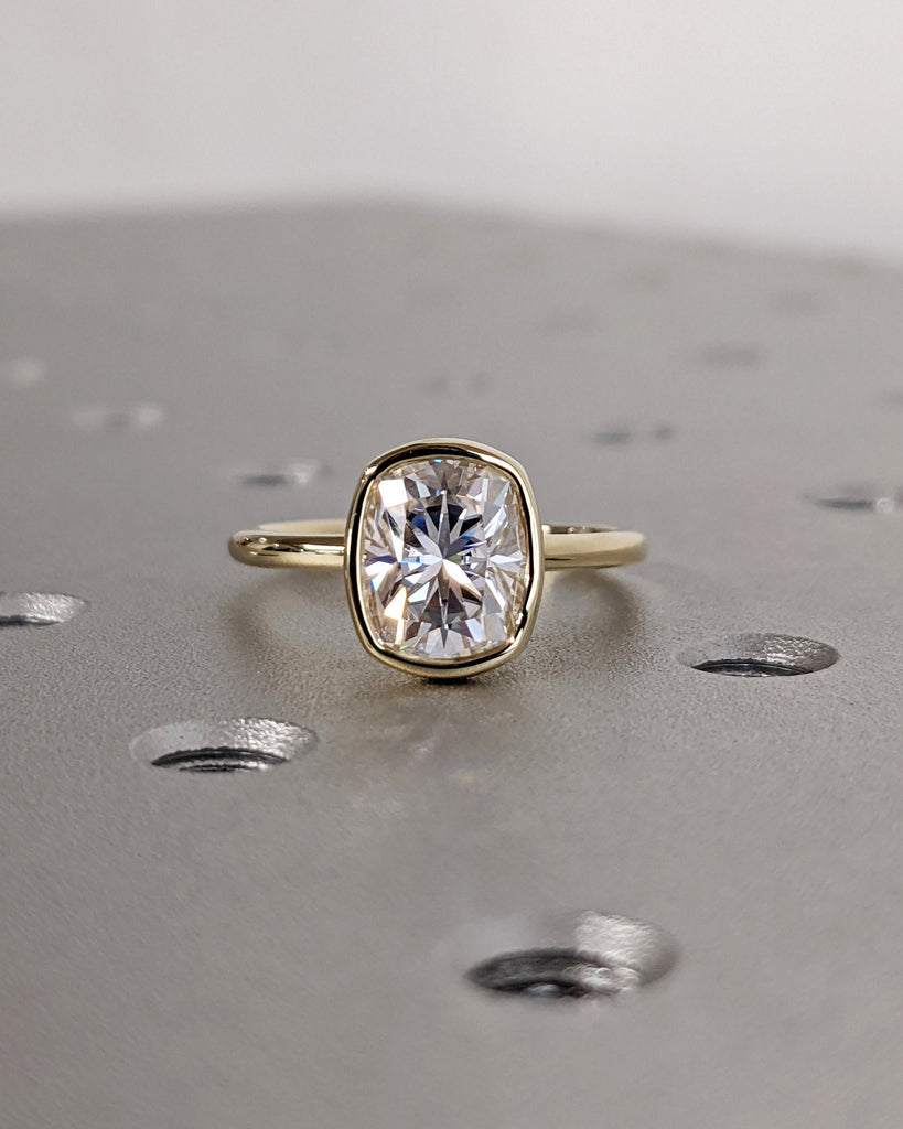 Elongated Cushion Cut Moissanite Solitaire Ring, 14K Yellow Gold Engagement Ring, Bezel Setting, Statement Ring, Gift for Her, Bridal Set