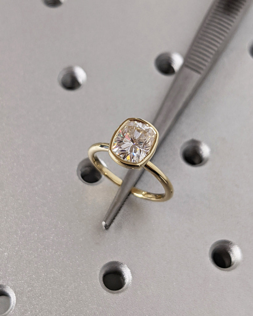 Elongated Cushion Cut Moissanite Solitaire Ring, 14K Yellow Gold Engagement Ring, Bezel Setting, Statement Ring, Gift for Her, Bridal Set