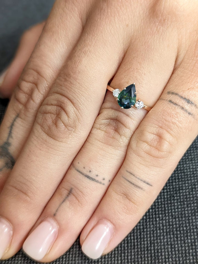 One of a Kind Montana Sapphire Ring, Pear Teal Sapphire Diamond/Moissanite Trellis Ring, Vintage Inspired Peacock Sapphire Engagement Ring