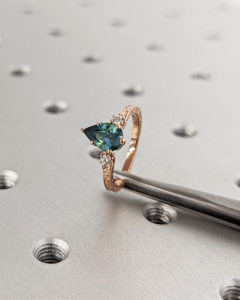 Teal Blue Green Montana Sapphire Engagement Ring, Pear Cut Sapphire Round Diamond/Moissanite Trellis Ring, Art Deco Filigree Solid Gold Ring