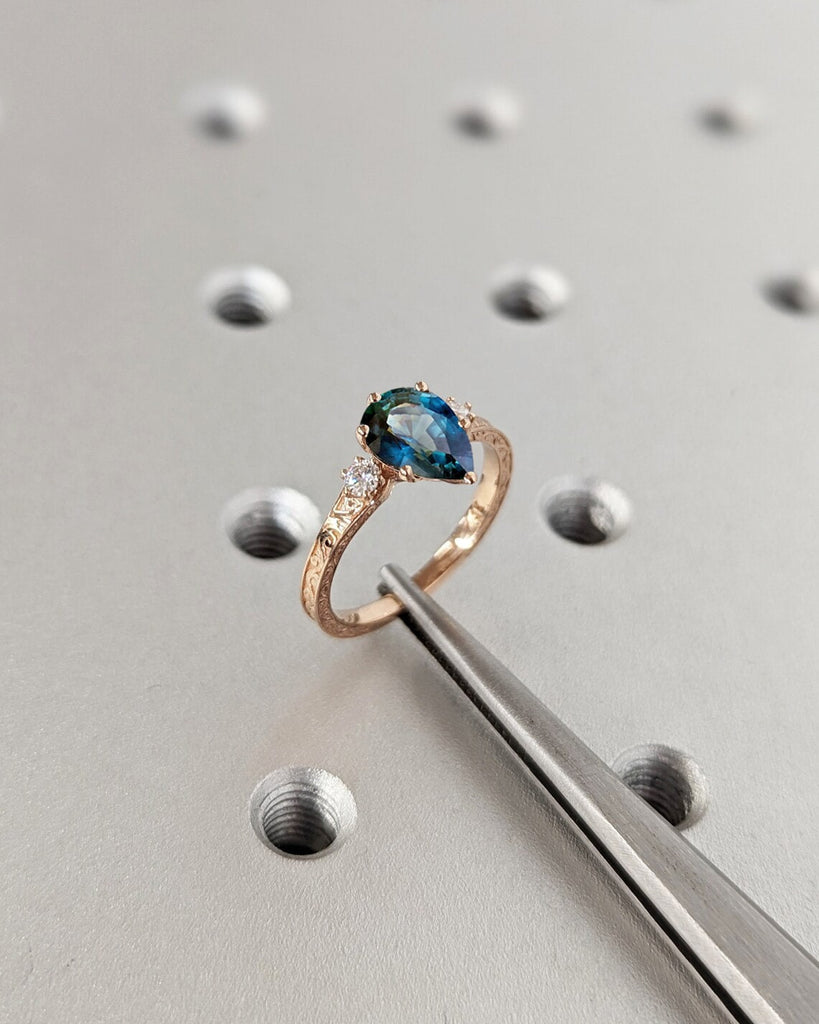 1ct Natural Teal Montana Sapphire Art Deco Women Proposal Ring | 14K 18K Rose Gold Round Moissanite Filigree Wedding Band | Cocktail Ring